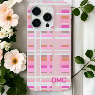 Girly blush roze magenta oranje witte plaid streep iPhone 15 pro case