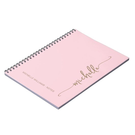 Girly Blush Roze Modern Goud Script Monogram Naam Notitieboek (Linkerzijde)