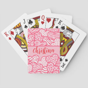 Girly Blush Roze Mooie Dierenprint Harten Naam Pokerkaarten