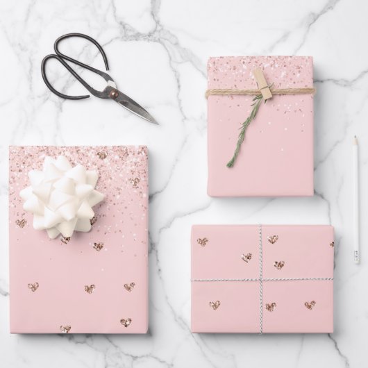 Girly Blush Roze Sparkle Glitter Harten Inpakpapier Vel (Voorkant)