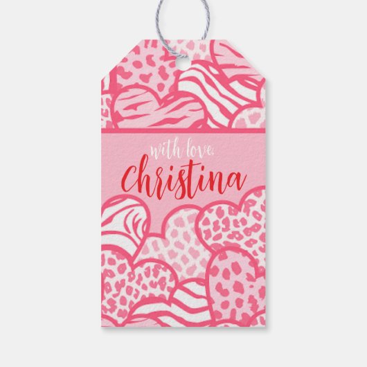 Girly Blush Roze Speelse Dierenprint Harten Naam Cadeaulabel (Achterkant)