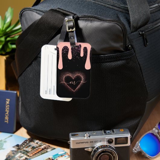 Girly Blush Roze Verf Drip Glitter Monogram Bagagelabel (Voorkant & Achterkant)