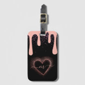 Girly Blush Roze Verf Drip Glitter Monogram Bagagelabel (Voorkant (verticaal))
