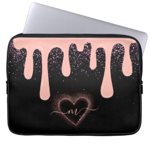 Girly Blush Roze Verf Drip Glitter Monogram Laptop Sleeve