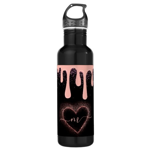 Girly Blush Roze Verf Drip Glitter Monogram Waterfles (Voorkant)