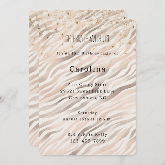 Girly Blush Zebra Gold Confetti Sparkle Birthday Kaart (Voorkant / Achterkant)