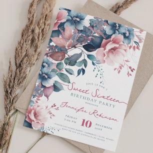 Girly Boho Blauw Bloemen Zoet 16 Verjaardagsfeest Kaart