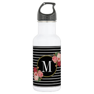 Girly Boho Classy Black Striped Floral Monogram Waterfles