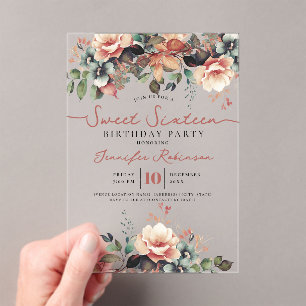 Girly Boho Herfst Bloemige Sweet 16 Verjaardagsfee Acryl Uitnodigingen