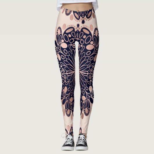 Girly Boho Roos Goud Blush Roze Navy Mandala's Leggings (Voorkant)