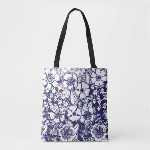 Girly Botanical Shalom Blue White Garden Drawing Draagtas