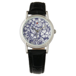 Girly Botanical Shalom Blue White Garden Drawing Horloge