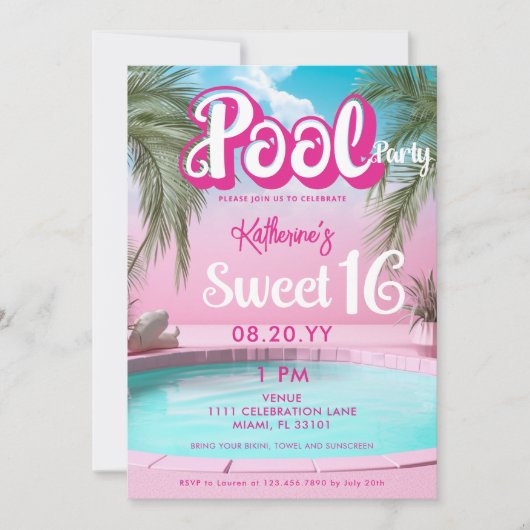 Girly Bright Hot Roze Pool Party Sweet 16 Zestien Kaart (Voorkant)
