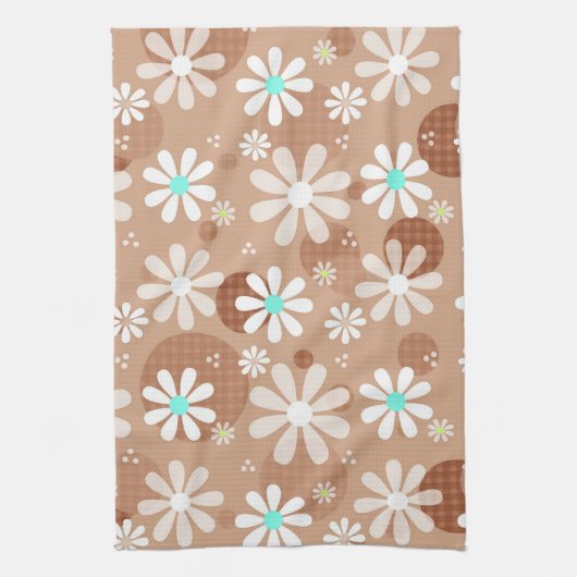 Girly Brown Daisy Flower Pattern Cute Aqua Stippen Theedoek (Verticaal)