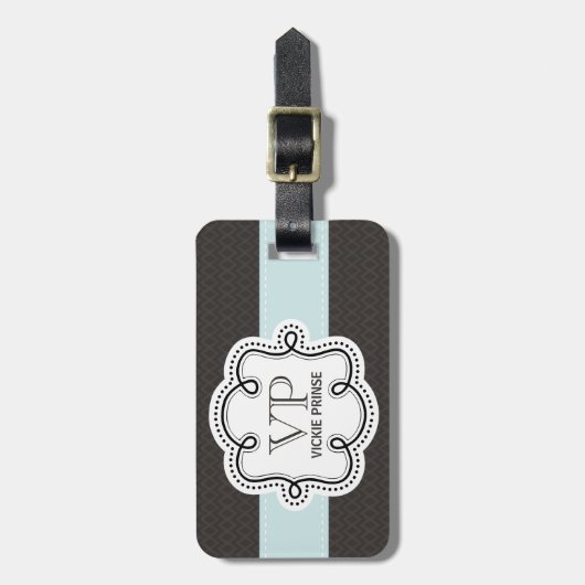 Girly Bruin en Blauw Patroon Doodle Monogram Bagagelabel (Voorkant verticaal)