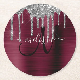 Girly Burgundy Driving Glitter Brush Metal Name Ronde Kartonnen Onderzetter