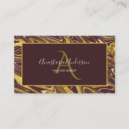 Girly Burgundy Gold Marble Glitter Glam Monogram Visitekaartje (Voorkant)