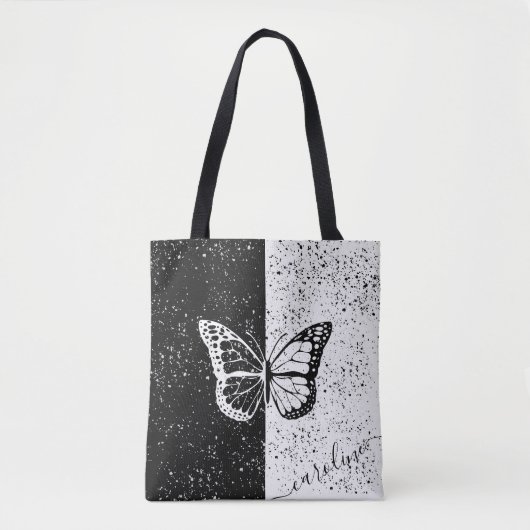 Girly Butterfly Zwart & Wit Elegant Custom Name Draagtas (Voorkant)