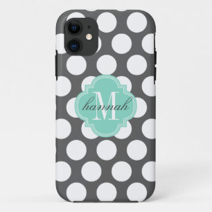 Girly Charcoal & Aqua Big Stippen Monogrammed iPhone 11 Hoesje
