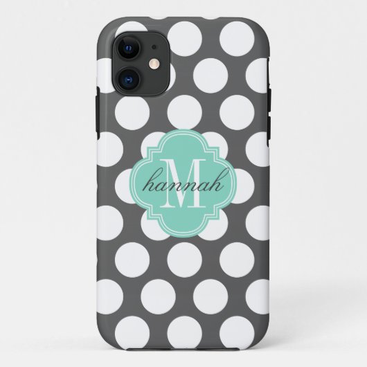 Girly Charcoal & Aqua Big Stippen Monogrammed Case-Mate iPhone Case (Achterkant)