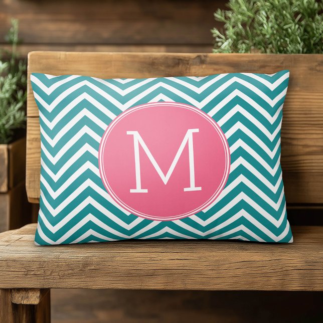 Girly Chevron Pattern met monogram - Roze Blauwgro Accent Kussen (Cute Monogram Accent Pillow)