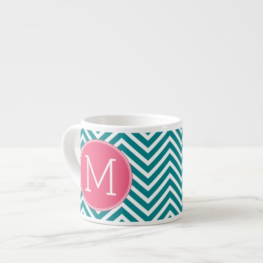 Girly Chevron Pattern met monogram - Roze Blauwgro Espresso Kop (Voorkant links)