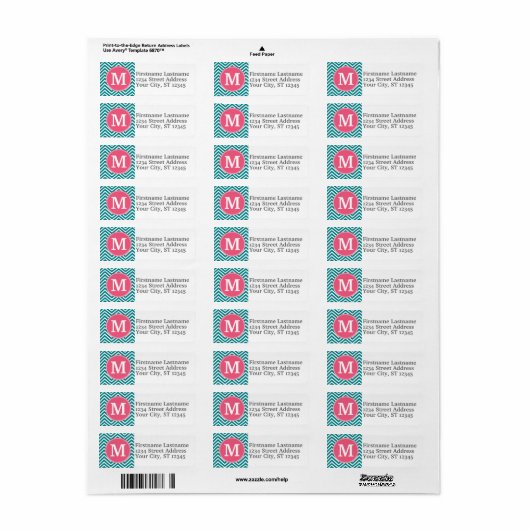 Girly Chevron Pattern met monogram - Roze Blauwgro Etiket (Full Sheet)