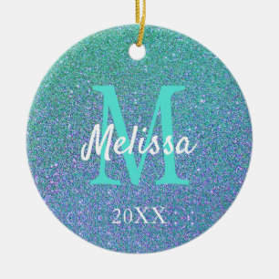 Girly Chic Blauwgroen Blue Glitter Sparkle Monogra Keramisch Ornament