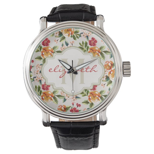 Girly Chic Bloemen Patroon met Monogram Naam Horloge (Voorkant)
