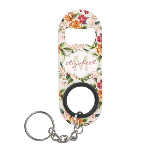 Girly Chic Bloemen Patroon met Monogram Naam Mini Flessenopener (Voorkant)