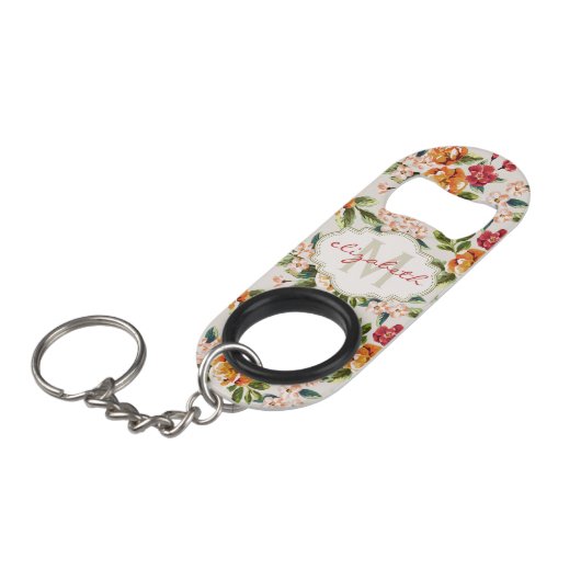 Girly Chic Bloemen Patroon met Monogram Naam Mini Flessenopener (Voorkant Gekanteld)