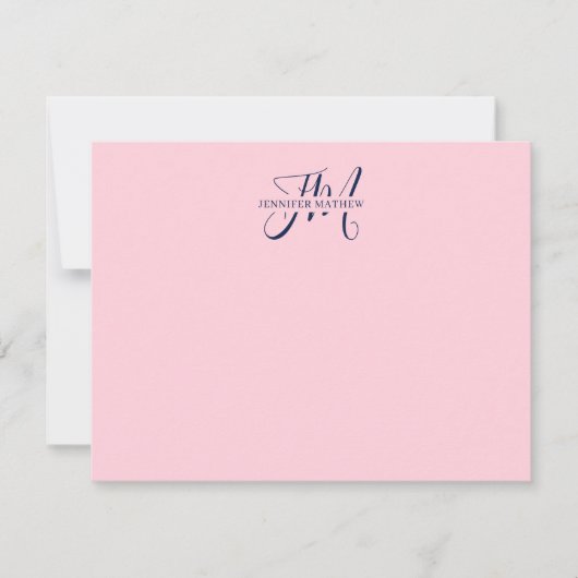 Girly Chic Blush Pink & Navy Blue Script Monogram Notitiekaartje (Voorkant)