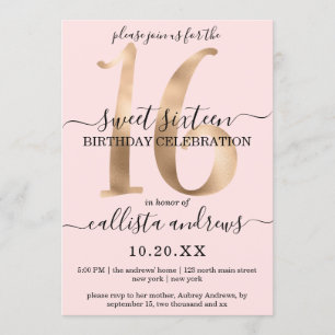 Girly Chic Faux Gold Blush Pink Sweet 16 Kaart