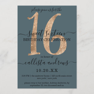 Girly Chic Faux Gold Glitter Dusty Blue Sweet 16 Kaart