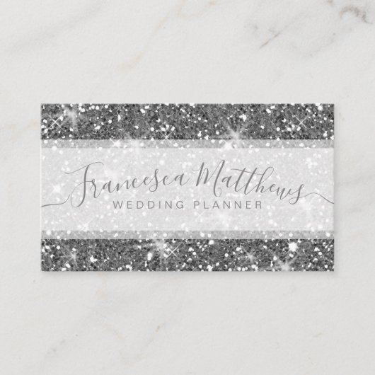 Girly Chic Faux Silver Glitter Script Swashes Visitekaartje (Voorkant)