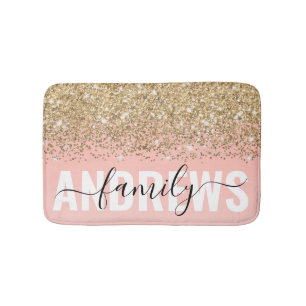 Girly Chic Gold Confetti Pink Gradient Monogram Badmat