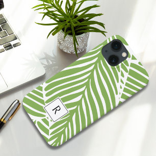 Girly Chic Green Leaves Monogram iPhone 13 Hoesje