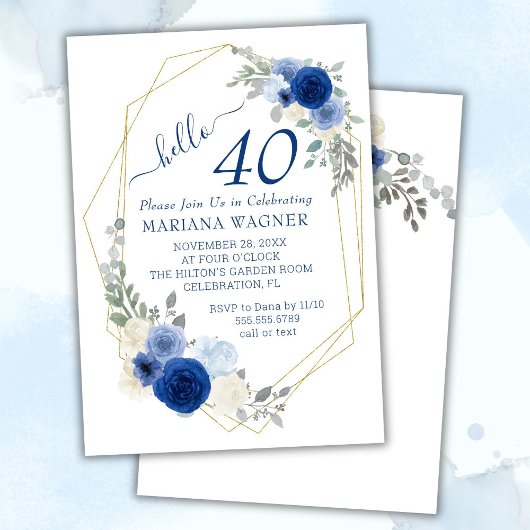 Girly Chic Navy Blue Floral 40th Birthday Kaart