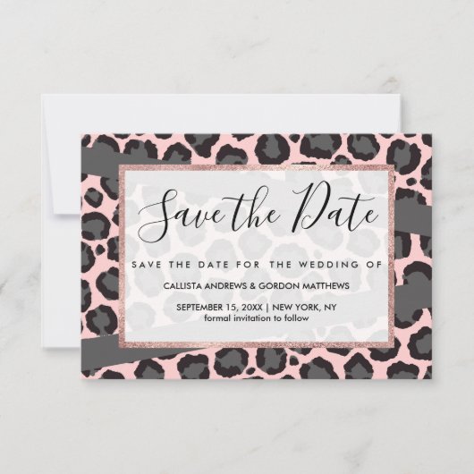 Girly Chic Pink Black Grey Leopard Cheetah Print Save The Date (Voorkant)