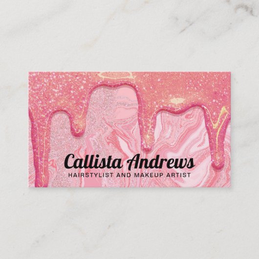 Girly Chic Pink Glitter Marble Drips Visitekaartje (Voorkant)