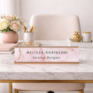 Girly Chic Roze & Gouden Marmer Zakelijk Bureau Naambordje
