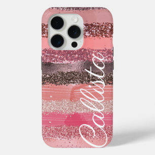 Girly Chic Roze Koraal Verf Glitter Brushstrokes iPhone 15 Pro Case