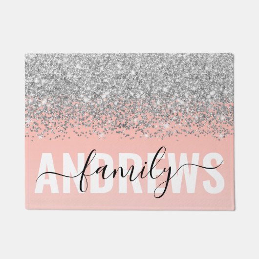 Girly Chic Silver Confetti Pink Gradient Monogram Deurmat (Voorkant)