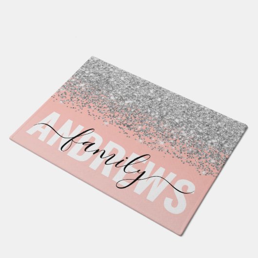 Girly Chic Silver Confetti Pink Gradient Monogram Deurmat (Schuin)