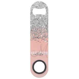 Girly Chic Silver Confetti Pink Gradient Monogram Speed Flessenopener
