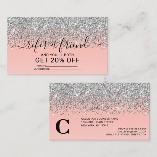 Girly Chic Silver Confetti Pink Gradient Ombre Aanbevelingskaartje (Voorkant / Achterkant)