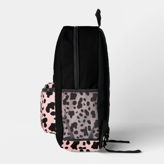 Girly Chic Zwart Roze Koe Dier Patroon Naam Bedrukte Rugzak (Rechts)