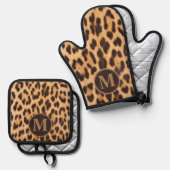 Girly chique dierenprint luipaard monogram initial ovenwant & pannenlap set (Voorkant / Achterkant)