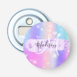 Girly Colorful Unicorn Rainbow Hearts Monogram Button Flesopener