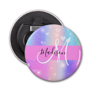 Girly Colorful Unicorn Rainbow Hearts Monogram Button Flesopener